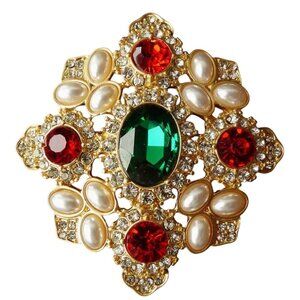 Classic Style Red & Green Crystal & Pearl Brooch Pin Gold Tone
